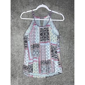 Spense Sleeveless Halter Top‎ Women Size Medium Blue Lined Keyhole Mesh Floral